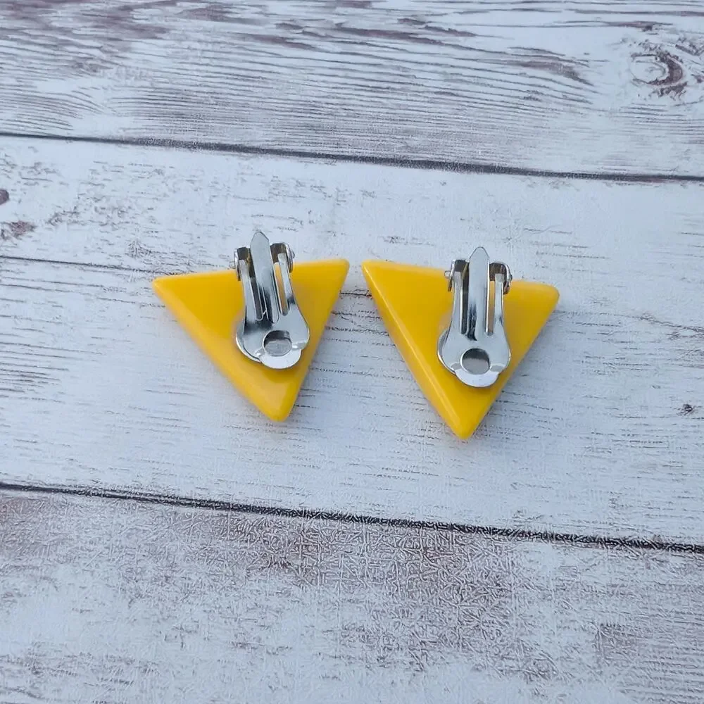 Vintage Clip On Earrings Retro Statement Cream & Yellow Large Triangle